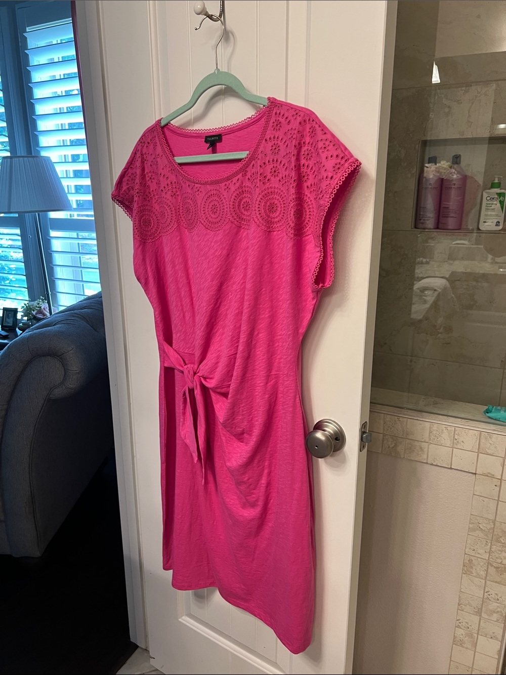 Talbots Hot Pink Eyelet Tie-Waist Cotton Dress